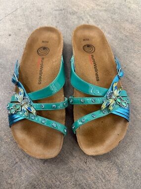 Teal Embellished Slide Sandals for Women